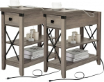 Awescuti Slim Side Table koos laadimisjaamaga, Slim Side Table, Farmhouse, komplekt 2, USB pordid, pistikupesad, &ouml;&ouml;kapp koos kokkupandava sahtliga, v&auml;ikestesse ruumidesse, elutubadesse,