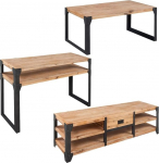 3-tlg. Wohnzimmerm&ouml;bel-Set Akazienholz massiv mit Stahlbeinen, TV Lowboard, Couchtisch und Konsolentisch, platzsparend mit Stauraum, ideal f&uuml;r Wohnzimmer, Heimkino und Lounge