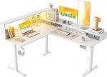 Agilestic reguleeritava k&otilde;rgusega L-kujuline t&ouml;&ouml;laud 160 x 140 cm - Ergonoomiline nurgas seisev laud riiulite ja LED-valgustusega, kaasaegne istuv-seisev arvutilaua kontorisse ja kodukontorisse, valge