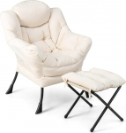 COSTWAY Armchair with Stool, Recliner Chair with Armrests, Side Pocket & Footrest, Lounge Chair, TV Chair, Wing Chair for Living Room, Bedroom, Office (Beige)