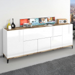 Dmora - Vittorio, 6 uksega k&ouml;&ouml;gikapp, elutoa buffet, 100% Made in Italy, 200 x 40 x 82 cm, l&auml;ikiv valge ja vaherpuu v&auml;rvusega