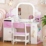 Frogprin Kids Dressing Table koos tooliga, Princess Makeup Desk koos raamaturiiuli, hoiukapi, riiulite, valgustatud peegli, 2-in-1 v&auml;ikelapse meigipesulaud ja tooli komplektiga