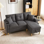 Merax L-kujuline 3-kohaline diivan koos Chaise Longue hoiuruumiga Integreeritud tassihoidja 2 padjaga Puuvillane linane kate - ideaalne elutuppa, kontorisse ja koju - must