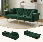 2-kohaline diivanvoodi - Sametist polsterdatud seljatugi 3 astmelise reguleerimise ja kullatud metallist jalgadega Stiilne diivan magamisfunktsiooniga - roheline