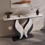 Schmaler Konsolentisch, leichte Luxus-Felsplatte mit schwarzem Sockel, stabile Struktur f&uuml;r Eingangsbereich, Flur, Schlafzimmer, Wohnzimmer, Foyer