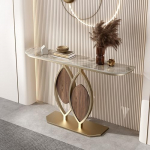 Generisch Modernne dekoratiivne raudne konsoollaud kivikattega lehekujuliste jalgadega kitsas laud diivani taha esikusse elutuppa (C, 150cm/59")