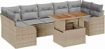 8-teiliges Garten Sofa Set mit Kissen Beige Poly Rattan Akazie, 2-Sitzer Garten Sofa mit Kissen Beige Poly Rattan Gartenlounge Model3349426