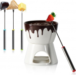 com-four&reg; Chocolate Fondue Set - Sulatuskann &scaron;okolaadi ja juustu jaoks - Keraamiline kauss koos teek&uuml;&uuml;nla hoidja ja 4 kahvliga - Sulatuskann - Dessert dipikaussi 4 inimesele - Sulatuskann (valge/pruun)