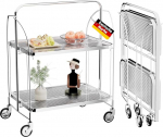 Serving Trolley with Wheels, Folding Dinett 2 Tier Storage Basket Made of Tempered Glass with Wheels, for Kitchen, Bar Trolley, Metal Trolley, Tea Trolley, Wine Trolley, Modern Drinks Trolley