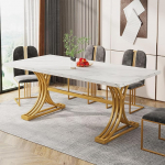 Tribesigns Dining Table for 4 to 6 People 160 x 80 cm Modern Kitchen Table with Faux Marble Top and Stylish Metal Legs, Large Dining Tables for Dining Room, Kitchen, White and Gold