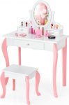 COSTWAY Children's Dressing Table with Stool, Princess Dressing Table with 3 Drawers & 360&deg; Rotating Mirror, Dressing Table for Girls (White)