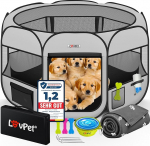 Lovpet&reg; Puppy Playpen, kokkupandav m&auml;ngupeenar v&auml;ikestele loomadele nagu koerad, kassid, koos koerakaussiga, fliisist tekiga, v&auml;litingimustesse, Oxfordi kangas, pop-up s&uuml;steem, sise- ja v&auml;listingimustesse, helehall/must
