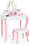 GOPLUS laste riietuslaud koos peegliga, printsessi riietuslaud 3 sahtli ja 2 riiuliga, puidust kosmeetikalaud koos tugitooliga, meigilaud t&uuml;drukutele (valge)