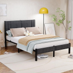 HAHRIR 4ft x 7ft Metal Bed Frame Upholstered Platform Bed Frame with Headboard and Slatted Base, No Spring Noise, Grey