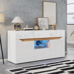 Sideboard elutuppa 2 ukse ja 4 sahtliga, sahtlikapp buffetkapp LED-valgusega ja k&auml;epidemeta disainiga, elutoa kapp, k&uuml;lgkapp, valge + puiduv&auml;rv, 140 x 40 x 70 cm.