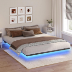 Voodiraam 160 x 200 cm Ujuv voodiraam Voodiraam LED ja laadimisjaamaga Puidust liistude tugi Kahekorruseline voodiraam magamistuppa k&uuml;lalistetuppa musta ja puidust v&auml;rvi ABFHN638UE01