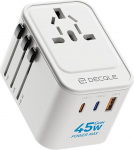 decqle reisiadapter maailmas, universaalne reisipistik 2 USB-C (GaN 45W), 1 USB-A ja 1 vahelduvvoolu pistikupesa, rahvusvaheline pistikupesa adapter, universaalne adapter EL, UK, USA, AU (valge)
