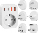 Universaalne reisipistiku adapter 2 USB-C ja 2 USB-A pordiga - 6 eemaldatavat pistikut (t&uuml;&uuml;p A/B/C/G/I/M) Euroopasse, &Uuml;hendkuningriiki, USAsse, Austraaliasse, L&otilde;una-Aafrikasse, Jaapanisse ja mujale.