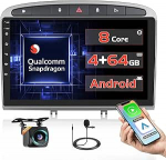 Qualcomm 8 Core 4 + 64 GB Android 15 autoraadio Peugeot 308 408 2007-2015 traadita Carplay Android auto, 9-tolline puuteekraaniga raadio 3D automudel/jahutusventilaator/GPS/BT/WiFi/Reversioonikaamera/DSP/FM/RDS/SWC