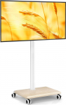 Puidust riiuliga rulliv teleri statiiv ratastega p&ouml;&ouml;rlev ja reguleeritava k&otilde;rgusega teleri statiiv 27-60-tollise teleri jaoks, mobiilne teleri statiiv kuni 40 kg, max. VESA 400 x 400 mm (beež)