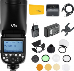 Godox V1-C 76Ws 2.4G TTL &uuml;mmarguse peaga kaamera v&auml;lklambi&uuml;ksus koos Godox AK-R1, mis &uuml;hildub Canoniga, 1/8000 HSS, 480 t&auml;isv&otilde;imsuselist kaadrit, 1,5s taastumisaeg