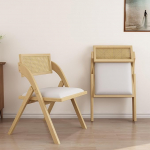 lavimiya Beige Faltbare Esszimmerst&uuml;hle 2er Set Holz Faltbare Esszimmerst&uuml;hle Modern Mid Century Leder Rattan Esszimmerst&uuml;hle mit gepolstertem Kissen f&uuml;r K&uuml;che, Wohnzimmer, kleiner Raum