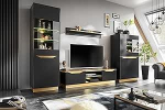 Elutoa seinakomplekt, elutoa seinariiul, TV sein, klaasist vitriinkapp, Lowboard, seinariiul (Fame - must/kuldne)