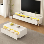 LED-M&ouml;belset mit TV-St&auml;nder und Couchtisch, Wei&szlig; mit Gold-Design, MDF, 4 T&uuml;ren, 2 Schubladen, 7-Farben LED-Beleuchtung, Wellenstruktur, Acrylfront, Modern