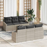 Modulares Outdoor Sofa Set 7-teilig in Hellgrau und Dunkelgrau aus Poly-Rattan mit Glasplatte als Gartenm&ouml;bel Set mit Tisch und Kissen