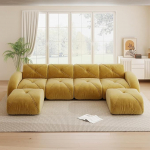 U-f&ouml;rmiges Modulsofa, Rahmenloses Sofa, 4-Sitzer-Kombinationssofa-Set, inklusive 2 Hockern, Geeignet f&uuml;r das Wohnzimmer, Bequemer Stoff, rutschfestes Design, Gelb, Keine Montage erforderlich