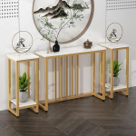 3-teiliges Konsolentisch-Set mit Seitenpflanzenst&auml;ndern & unteren Ablageb&ouml;den, Eingangstisch mit zus&auml;tzlichem Stauraum f&uuml;r Flur, Wohnzimmer & Foyer(White+Gold,80cm/31.5")