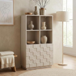 [en.casa] Highboard elutuba Bopibobro k&otilde;rge kapp 2 uksega 3D Front kontorikapp 4 kambrit 118 x 64 x 30 cm sahtli kapp beež