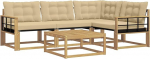 Gartensofa Set 5-teilig aus Akazienholz und Textilene, Modulares Outdoor Loungesofa mit Tisch, Gartenm&ouml;bel Sitzgruppe f&uuml;r Terrasse und Balkon, Beige
