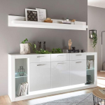 Lomadox kaasaegse disainiga k&uuml;ljepaneel ja seinariiulite komplekt k&otilde;rgl&auml;ikega valge LED-valgustusega B x K x S: 198 x 123 x 43 cm