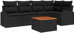 6-teiliges Garten Sofa Set mit Kissen Schwarz Poly Rattan Akazie, 2-Sitzer Garten Sofa mit Stauraum & Kissen Schwarz Poly Rattan Gartenlounge Model3356252