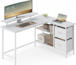 VASAGLE L-kujuline t&ouml;&ouml;laud, nurgapult, 2 ruumilist sahtlit, arvutipult koos monitori alusega, reguleeritava riiuliga, kodukontorisse, vahtravalge LWD098W01