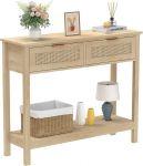 Trironsun Boho Rattan Console Table with 2 Drawers 2-Tier Entrance Table Farmhouse Wooden Sofa Table with Open Storage Shelf for Living Room Hallway Foyer