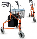 Mobiclinic, Model Caleta, Walker for Seniors and Disabled People, with 3 Wheels, Foldable Walking Aid, Steel, Adjustable, Basket, Carry Bag, Brakes on Levers, Orange