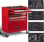 Arebos t&ouml;&ouml;kojak&auml;ru punane | 4 sahtlit, sh 81-osaline t&ouml;&ouml;riist + suur kamber | sisaldab libisemiskindlaid matte | kuullaagritega sahtlid | transpordi turvalisus | 2 ratast seisupiduriga