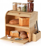 GUUSII HOME Bread Bin Wooden Bamboo Large Retro Eco Bread Box Roll Lid Double Layer Stackable Bread Storage Box Size 38 x 25 x 36 cm Bread Bin Matt Natural for Keeping Fresh and Delicious Bread