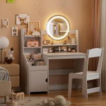 2-in-1 laste riietuslaua komplekt, laste meigilaud printsessi riietuslaud koos tugitooliga, LED-peegli ja hoiukapiga, riietuslaud t&uuml;drukute puidust 5 avatud kambriga (valge)