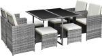 Ribelli 9-osaline aiam&ouml;&ouml;blikomplekt Lounge komplekt kreemjad padjad - PE rotangist - laud pluss neli tooli ja 4 jalatooli - mugav hoiustada, 9-osaline komplekt. Hall/kreemjas