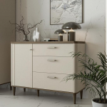 Forte Lacetti sahtlikapp 120, kaasaegne sahtlikapp Skandi liistude disainiga, 3 sahtlit, 1 uks, komposiitpuit, liiv, Valencia tammepuidust dekooriga, 120,1 cm lai x 91,7 cm k&otilde;rge x 41,2 cm s&uuml;gavus