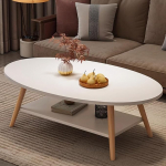 Kahekorruseline kohvilaud, valge k&uuml;ljelaud, puit, elutoa laud, ovaalne, m&auml;nnipuidust jalad (100 x 50 x 40 cm)