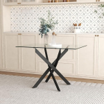 GOLDFAN Dining Table Glass Kitchen Table Glass Table Living Room Table with Black Legs Modern Style Rectangular Table for Office Kitchen 110 cm