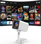 Android TV OS ja teleskoopjalg: Puxinat Smart Projector koos WiFi 6 ja Bluetooth 5.2, 300ANSI Electric Focus/Auto Keystone 1080P mini projektor 180&deg; reguleeritava stendiga, &uuml;he kl&otilde;psuga kasutamine YouTube/HBO
