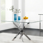GOLDFAN Rectangular Glass Dining Table, Modern Kitchen Table, Glass Table with Metal Legs, for Dining Room, Living Room, Kitchen, Silver, 110 x 70 x 75 cm