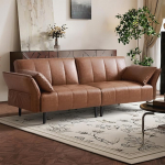 3-kohaline diivan, magamisfunktsiooniga diivan, diivanvoodi, diivanid ja diivanid, muudetav nahast diivan reguleeritava seljatoe ja k&auml;etugedega, 2 padjaga, puidust terasraam, 210 x 74 x 77 cm (pruun)