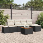 Modulares Gartensofa-Set 6-teilig in Schwarz und Creme aus Akazienholz und Polyrattan mit Kissen f&uuml;r den Au&szlig;enbereich als Outdoor-Sofa-Gruppe