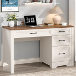 BonVache Schreibtisch mit Schubladen 120 cm, Bauernhaus Computertisch mit Stauraum, Rustikaler B&uuml;rotisch aus Holz f&uuml;r Homeoffice, Schlafzimmer und Arbeitszimmer, Wei&szlig;